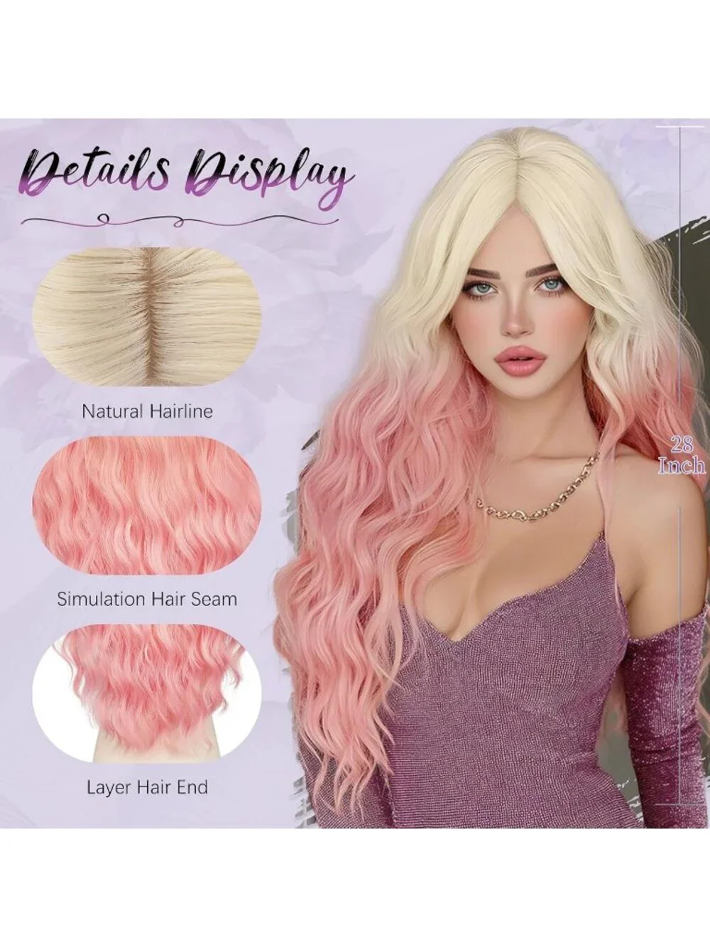Women's Blonde Root Pink 28 Inch Lace Front Soft Synthetic Long Wavy Curly Wigs